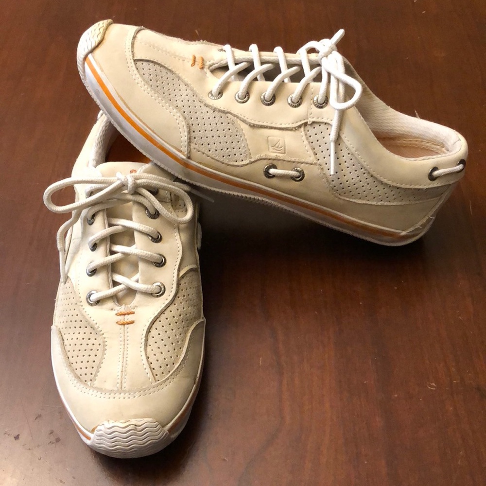 Sperry Cream and White Lace-Up Perforated Sneakers